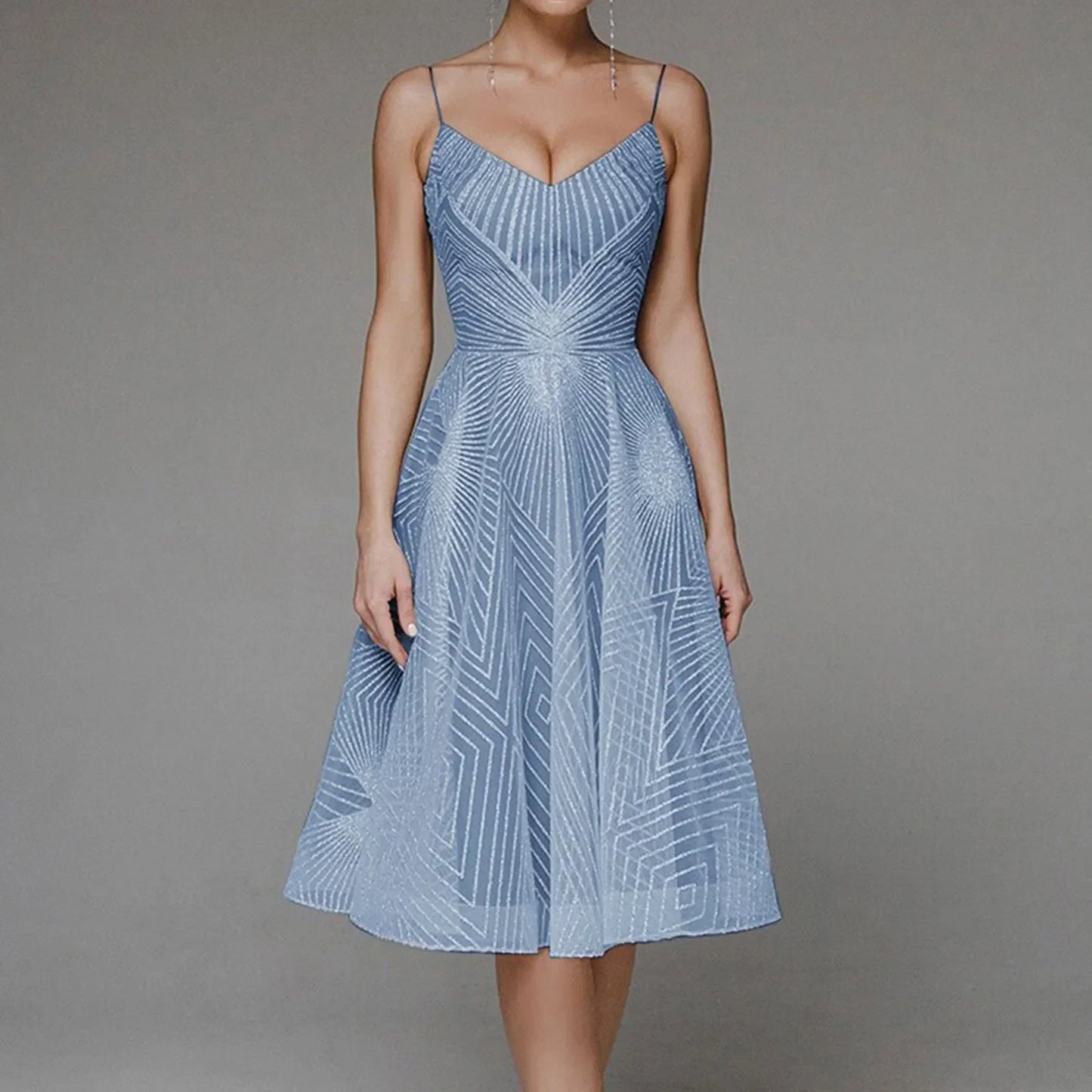 Dam Midi Klänning Geometriskt Mönster Spaghettiband Polyester-6