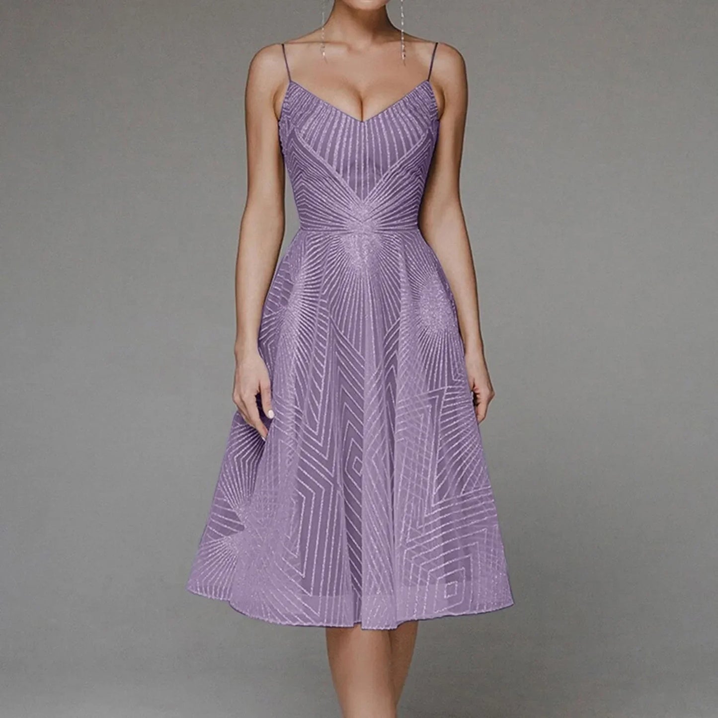 Dam Midi Klänning Geometriskt Mönster Spaghettiband Polyester-5