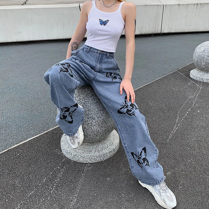Dam Breda Jeans med Fjärilstryck Högkvalitativ Denim-4