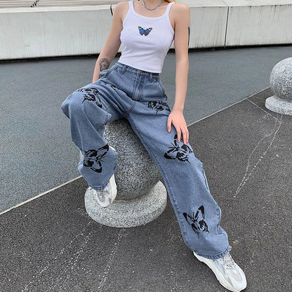 Dam Breda Jeans med Fjärilstryck Högkvalitativ Denim-4