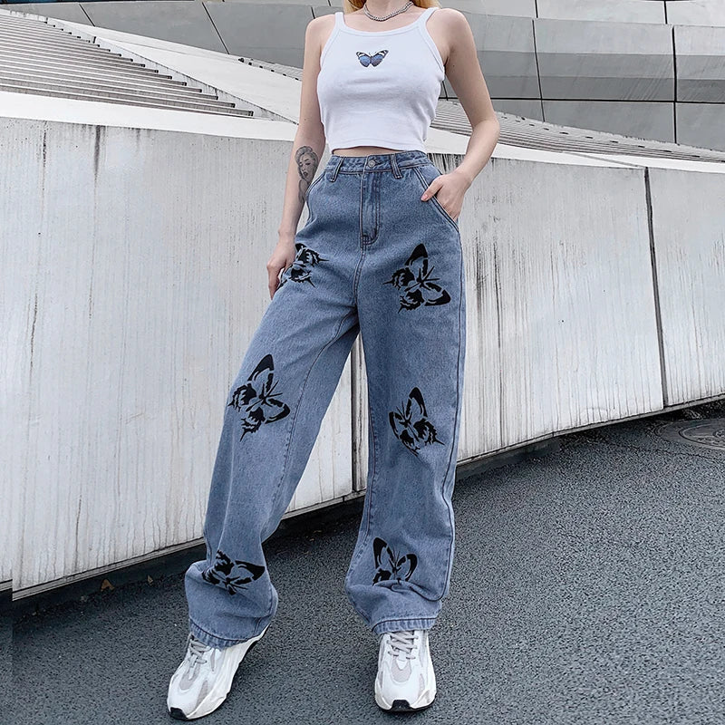 Dam Breda Jeans med Fjärilstryck Högkvalitativ Denim-2
