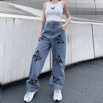 Dam Breda Jeans med Fjärilstryck Högkvalitativ Denim-2