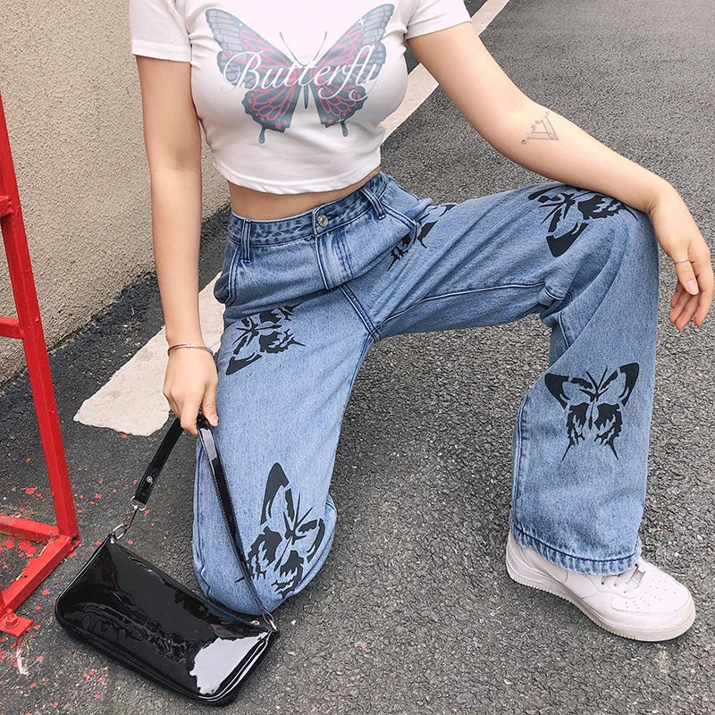 Dam Breda Jeans med Fjärilstryck Högkvalitativ Denim-3