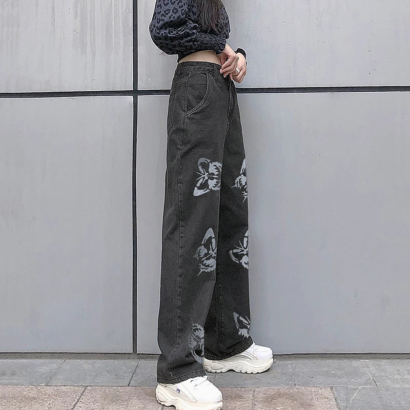 Dam Breda Jeans med Fjärilstryck Högkvalitativ Denim-6