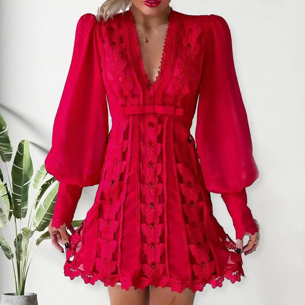 Kvinna Toppklänning Lykta Ärmar Högkvalitativt Tyg-5