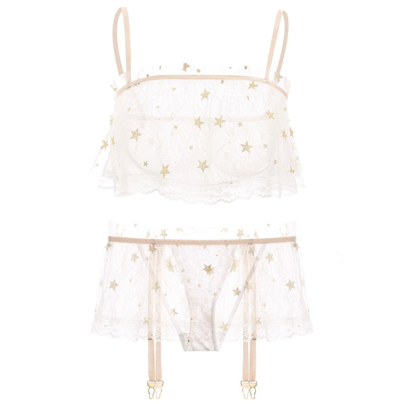 Snygga Damunderkläder Set Transparent med Stjärnapplikationer och Push-Up Bh-5