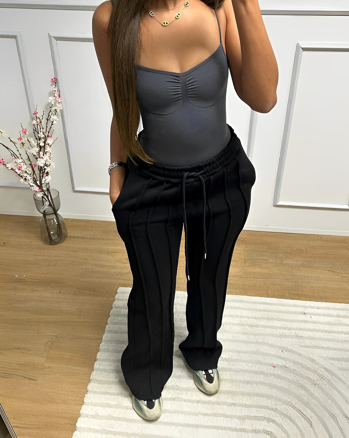 Dam Joggingbyxor Randig Loose Fit Mjuk Andningsbar Material-3