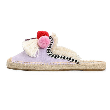 Dam Sandaler Slip-On Hampa med Tofsar och Puffbollar-5