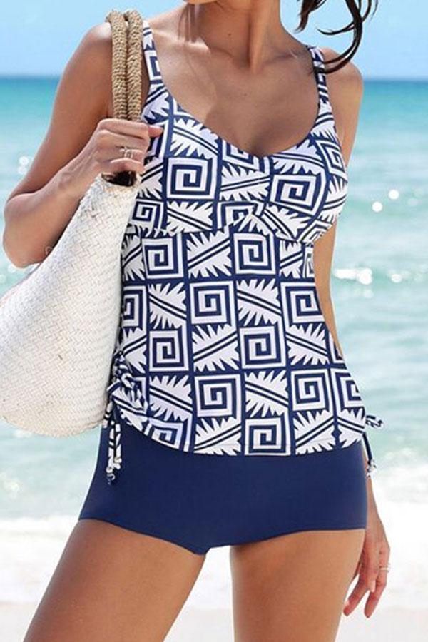 Dam Tankini Hög Midja Mönstrad Elastiskt Material-1