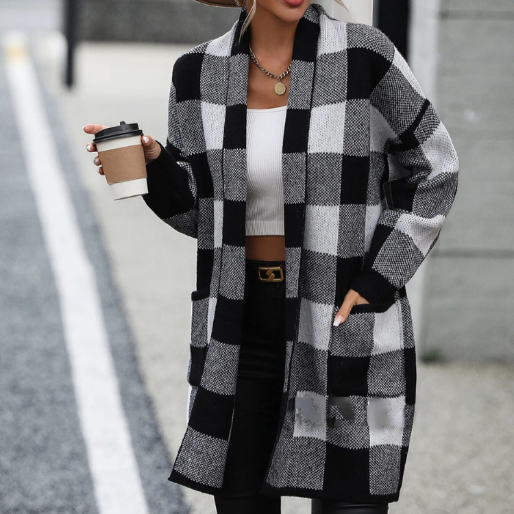 Kvinna Lång Kofta Rutig Design Mjukt Material för Höst-4