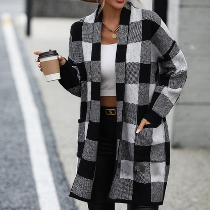 Kvinna Lång Kofta Rutig Design Mjukt Material för Höst-4