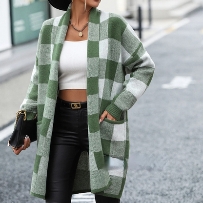 Kvinna Lång Kofta Rutig Design Mjukt Material för Höst-5