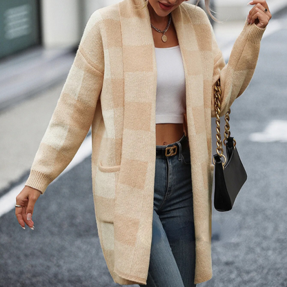 Variant image for Kvinna Lång Kofta Rutig Design Mjukt Material för Höst-1