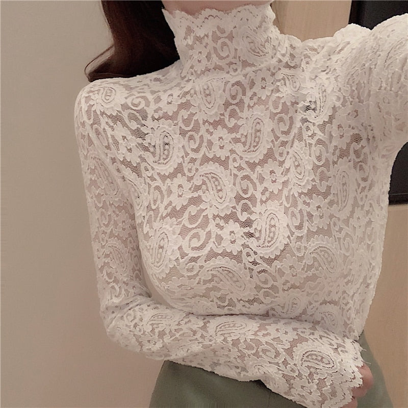 Kvinnors Turtleneck Top Spetsmönster Polyester Spandex-2