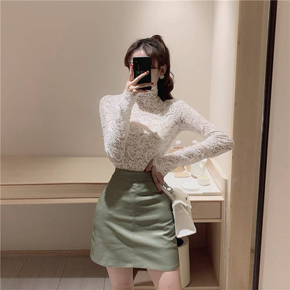 Kvinnors Turtleneck Top Spetsmönster Polyester Spandex-3