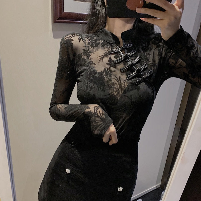 Dam Blommig Topp Lång Ärmar Mandarin Krage Polyester-6