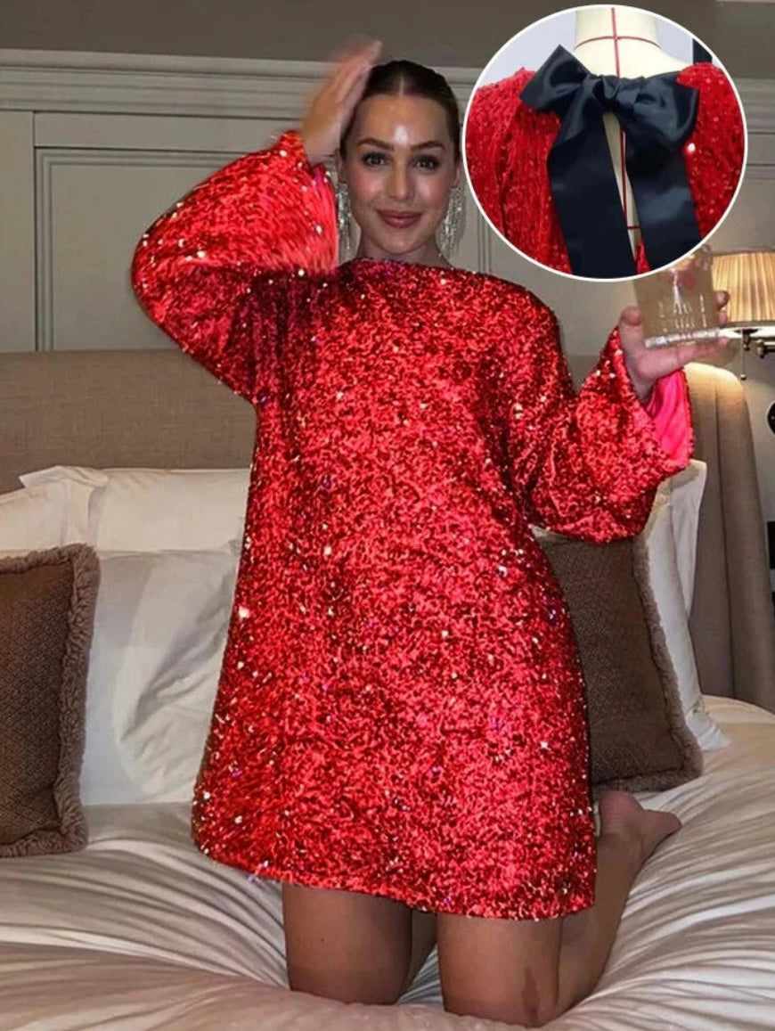 Damklänningar Mini Långärmad Loopdetalj Polyester-4