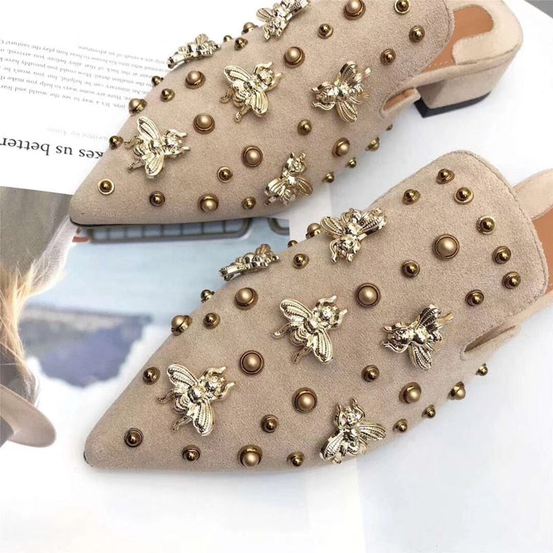 Dam Mules Suede Medium Häl med Metallic Ornament-2