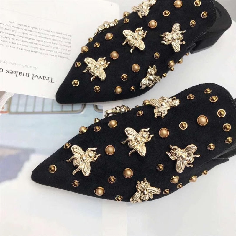 Dam Mules Suede Medium Häl med Metallic Ornament-4