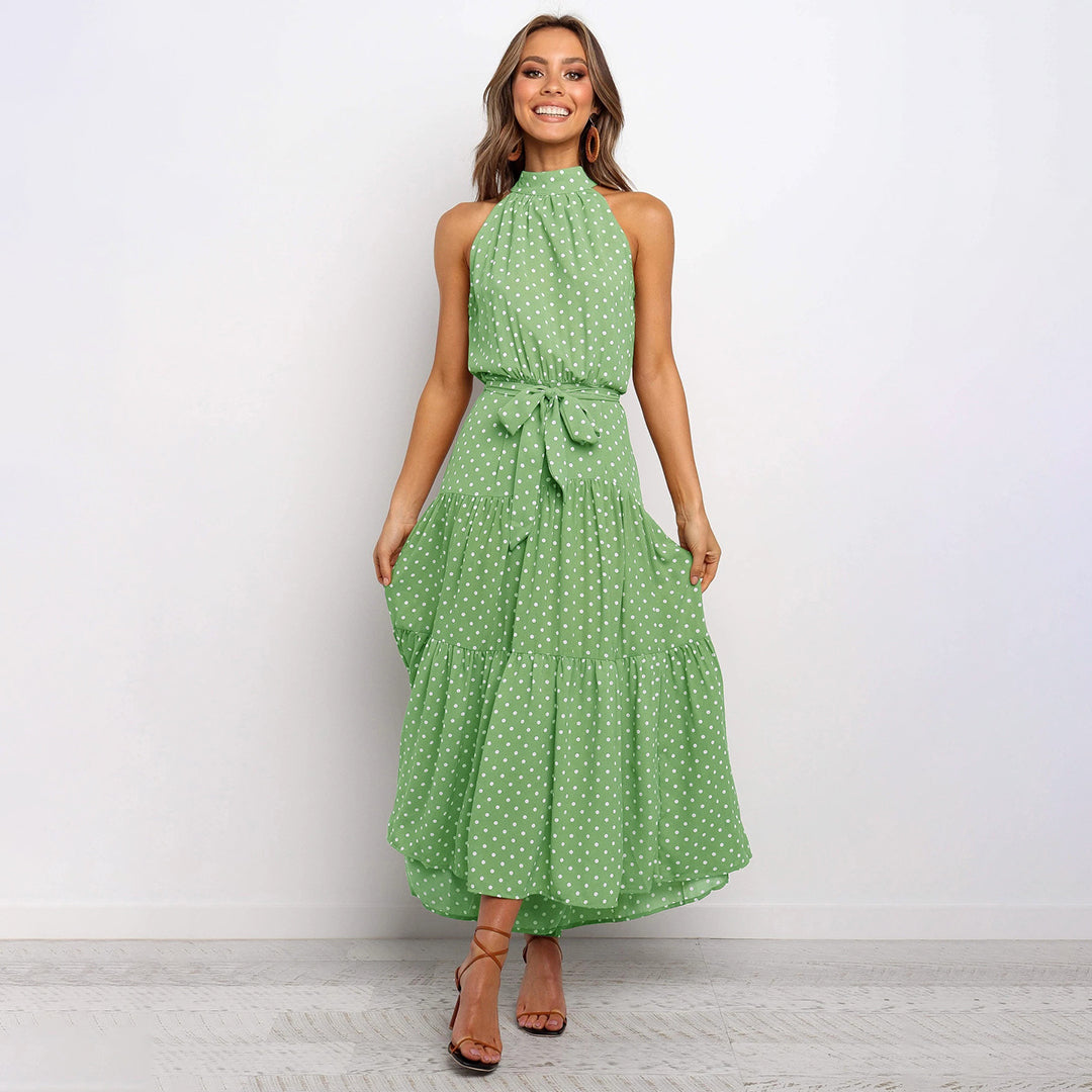 A-linjeformad Damklänning i Mjuk Material med Vita Prickar – Ärmlös Långklänning för Fest och Sommar, Fina Damklänningar 3