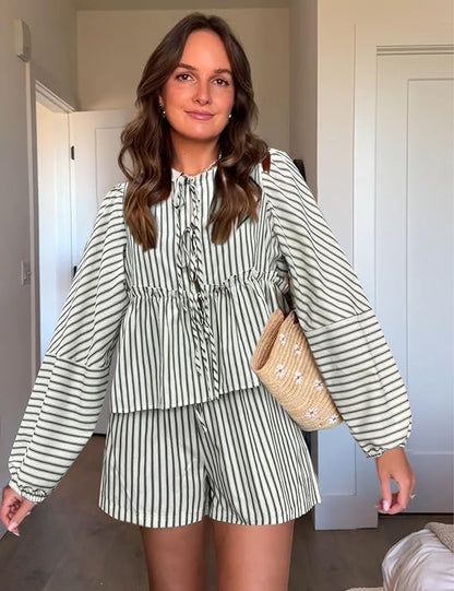 Variant image for Damset Randig Sommartopp Lätt Bomull och Shorts-6