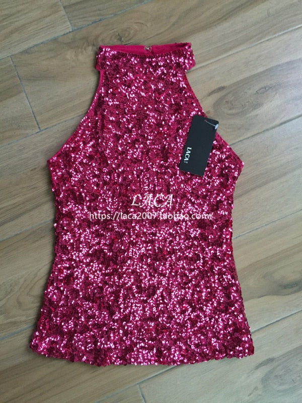 Dam Topp Glitterdesign Kort Polyester-5