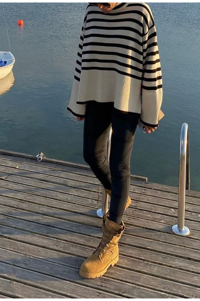 Dam Turtleneck Tröja Randig Polyester Lång Ärme Regular Fit-2