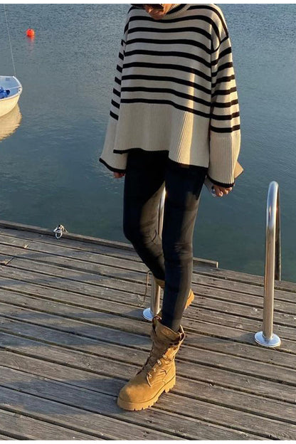 Dam Turtleneck Tröja Randig Polyester Lång Ärme Regular Fit-2