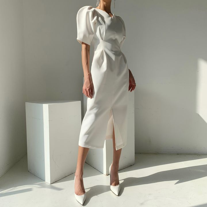 Kvinna MIDI Klänning V-ringning Polyester Korta Puffärmar 5