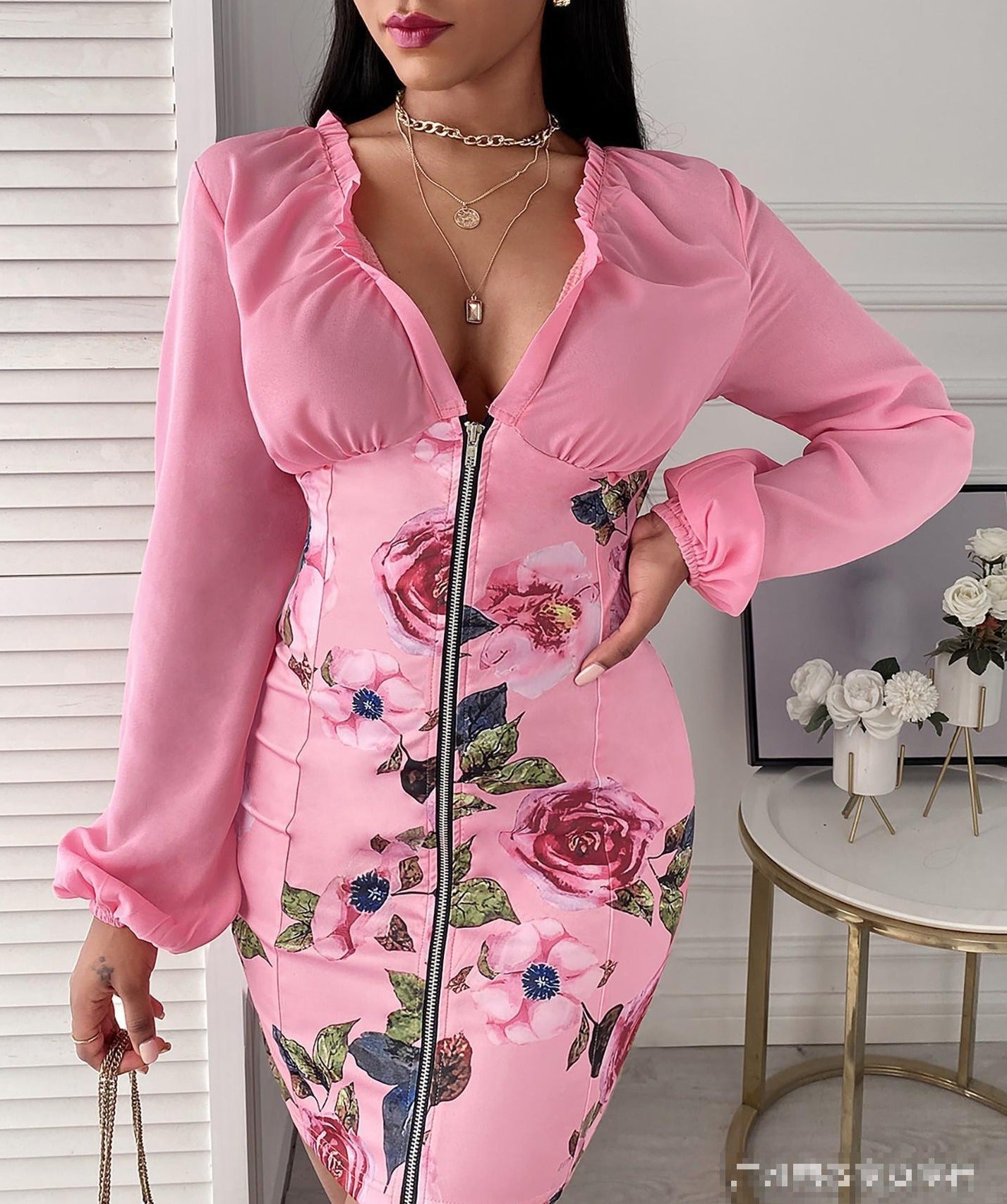 Kvinna Miniklänning V-hals Puffärmar Polyester Elegant Ovanför Knäet-5