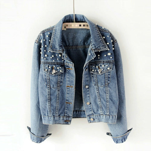 Jeansjacka Dam med Pärldekoration Avslappnad Denim 1