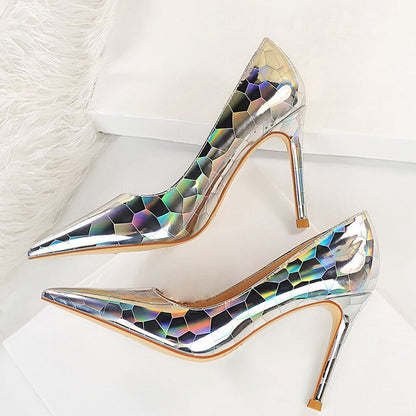 Dam Pumpskor Geometrisk Design Lackläder Hög Klack-5