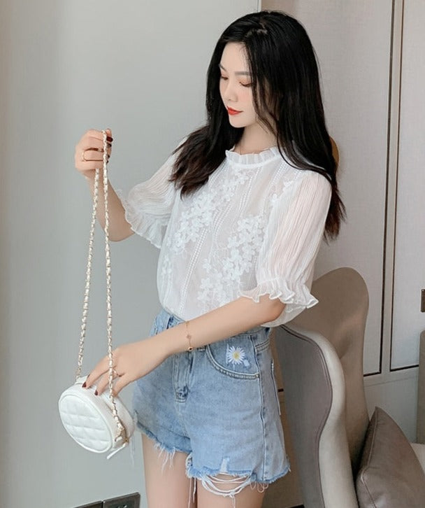 Dam Blus Blommönster Chiffon Korta Ärmar-6