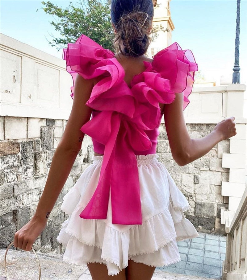 Dam Crop Top ärmlös Rufsade Detaljer Polyester-2