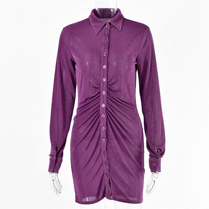 Damklänning Mini Långärmad Syntetiska Fibrer med Fällbar Krage-6