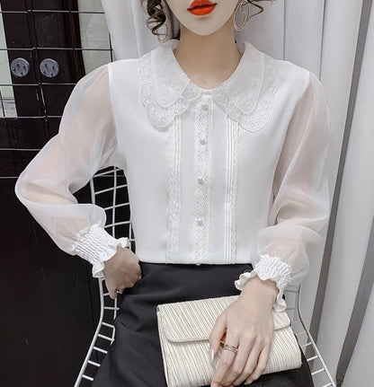 Vit Dam Blus med Illusionshals Lång Ärmar Syntetfiber-5