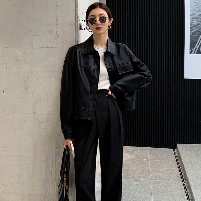 Dam Läderjacka Vattentät Elegant Design Högkvalitativt Material-3