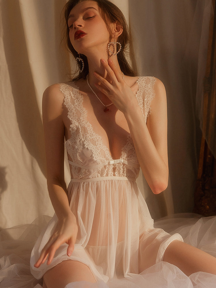 Dam Nattklänning Transparent Spets Mesh Spandex-4