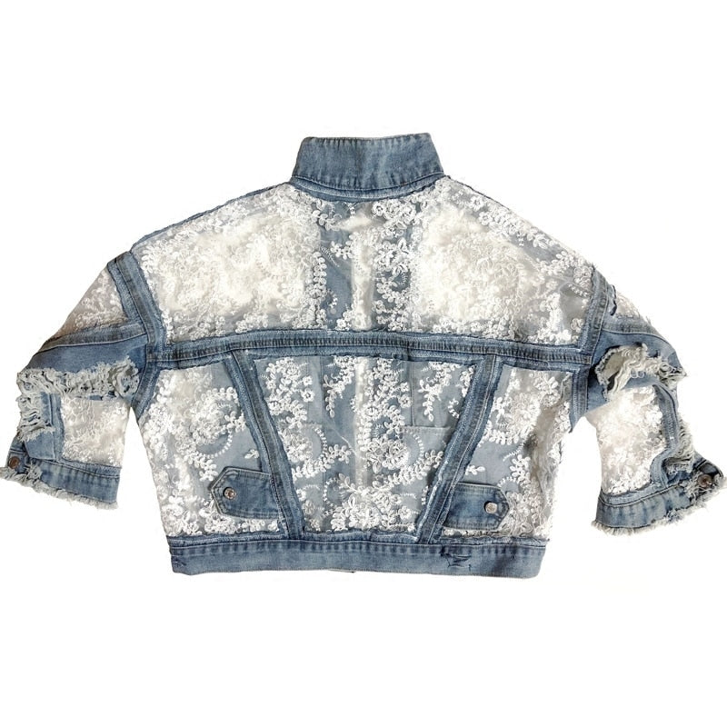 Dam Denimjacka med Spetsdetaljer och Klassisk Design-6