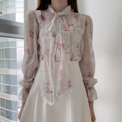 Dam Blus Elegant Utställda Ärmar Chiffon med Blomstertryck 4