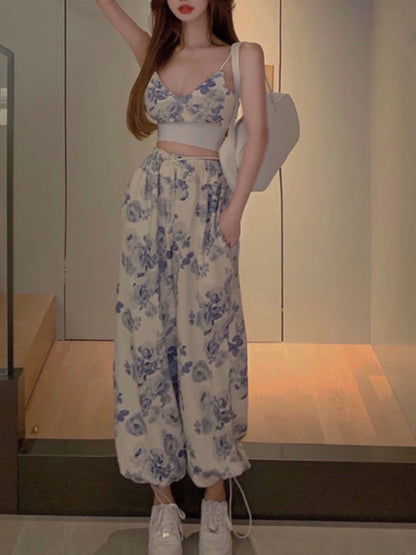 Dam Byxor Hög Midja Blommönster Polyester Sommarkläder-5