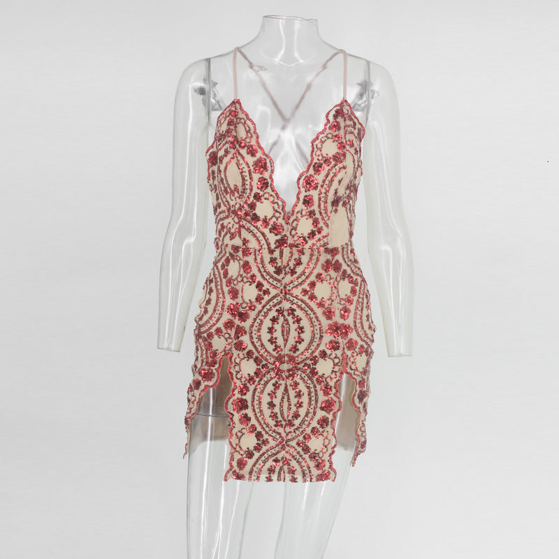 Dam Glittrig Miniklänning med V-hals och Spaghettiband i Polyester och Spandex-4