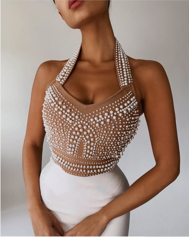 Dam Bodycon Klänning med Pärldekorationer i Lätt Material-2