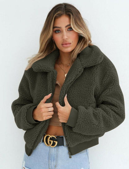 Damjacka Fluffig Plysch Khaki för Kalla Vinterdagar-3