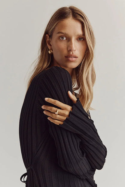 Damklänning Långärmad V-ringning Stickad Elegant-4