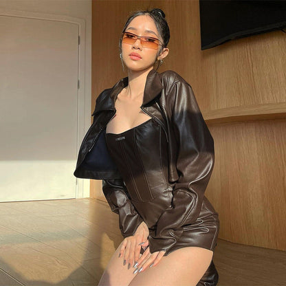 Kvinnors MIDI Klänning Syntetiskt Läder Modern Stil 5