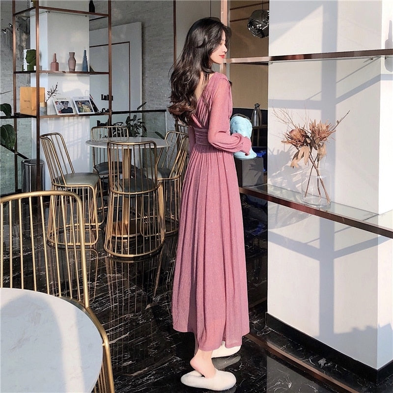 Damklänning A-Linje V-ringning Lanternärmar Polyester Midi-3