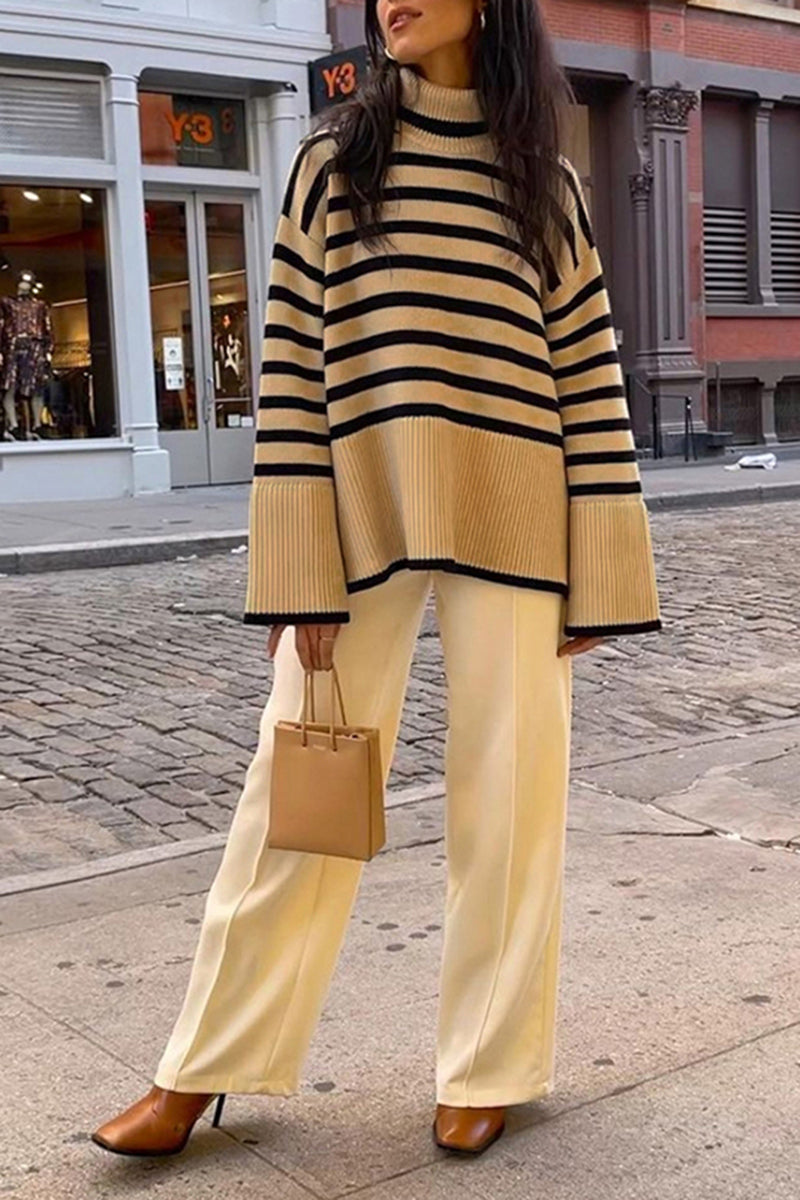 Dam Turtleneck Tröja Randig Polyester Lång Ärme Regular Fit-4