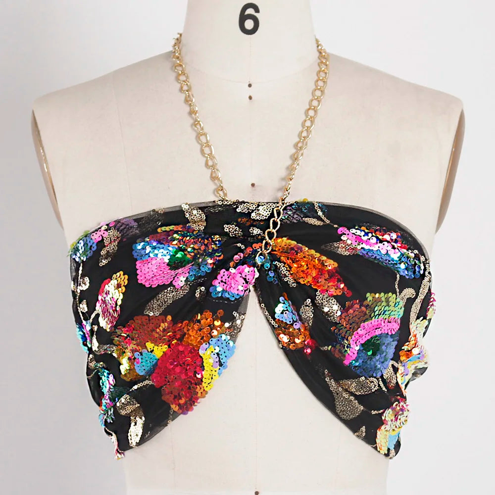 Variant image for Dam Crop Top Blommönster med Paljetter Polyester-2