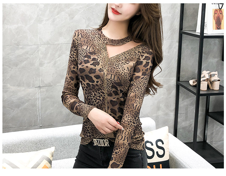 Dam T-shirt Leopardmönster O-hals Strassdekoration Polyester Spandex-2